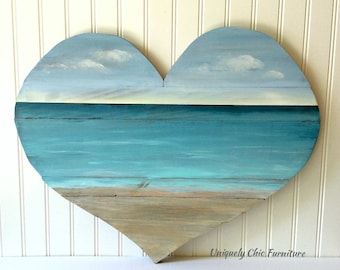 Coastal Wall Heart~ Large Wood Planked Ocean Seascape Beach Scene House Decor Art ~ Acrlylic Painting