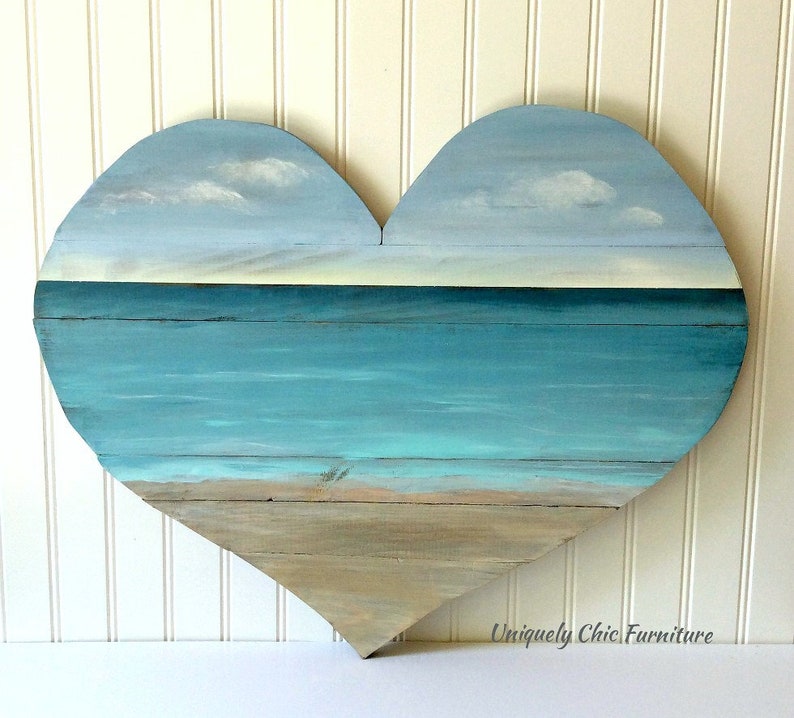 Coastal Wall Heart Large Wood Planked Ocean Seascape Beach Scene House Decor Art Acrlylic Painting image 1