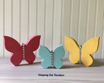 Butterfly, Set of 3, Girls Room, shelf, colorful , mantle, tiered tray, Summer, chunky, small, painted, Wood, wall decor, nursery, garden