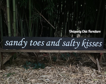 sandy toes and salty kisses sign~ 5 feet LONG ~CUSTOM COLORS~Beach Sign~Wall Decor~Coastal, Bay, Nautical Home