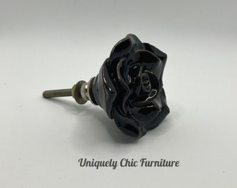 Black Rose Knob, Set of 6, Ceramic, Large, Black, Floral, Knob, Pull