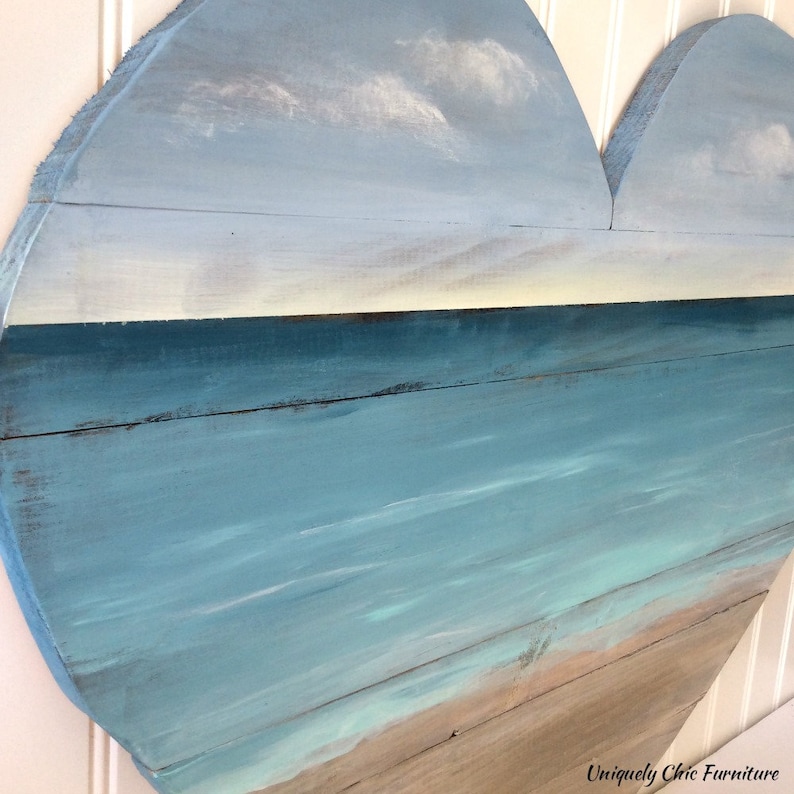 Coastal Wall Heart Large Wood Planked Ocean Seascape Beach Scene House Decor Art Acrlylic Painting image 2