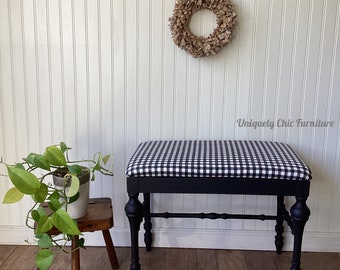 Upholstered Bench, Black and White Checks, upholstered, vintage, settee, vanity chair, chair, Buffalo Checks, entryway, bench, Farmhouse