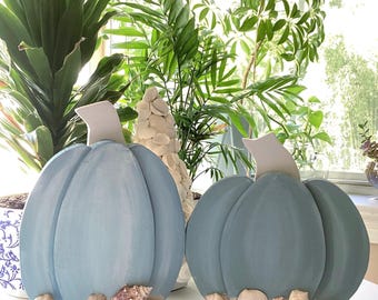 Wood Pumpkins, Painted, Coastal, Sea Shells, Beach Decor, Thanksgiving, Halloween, Beach House, Gift