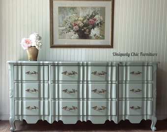 SOLD***French Provincial Dresser, Triple, Sage, Gray, Painted, Furniture, French Country, console, dresser *shipping isn’t free*