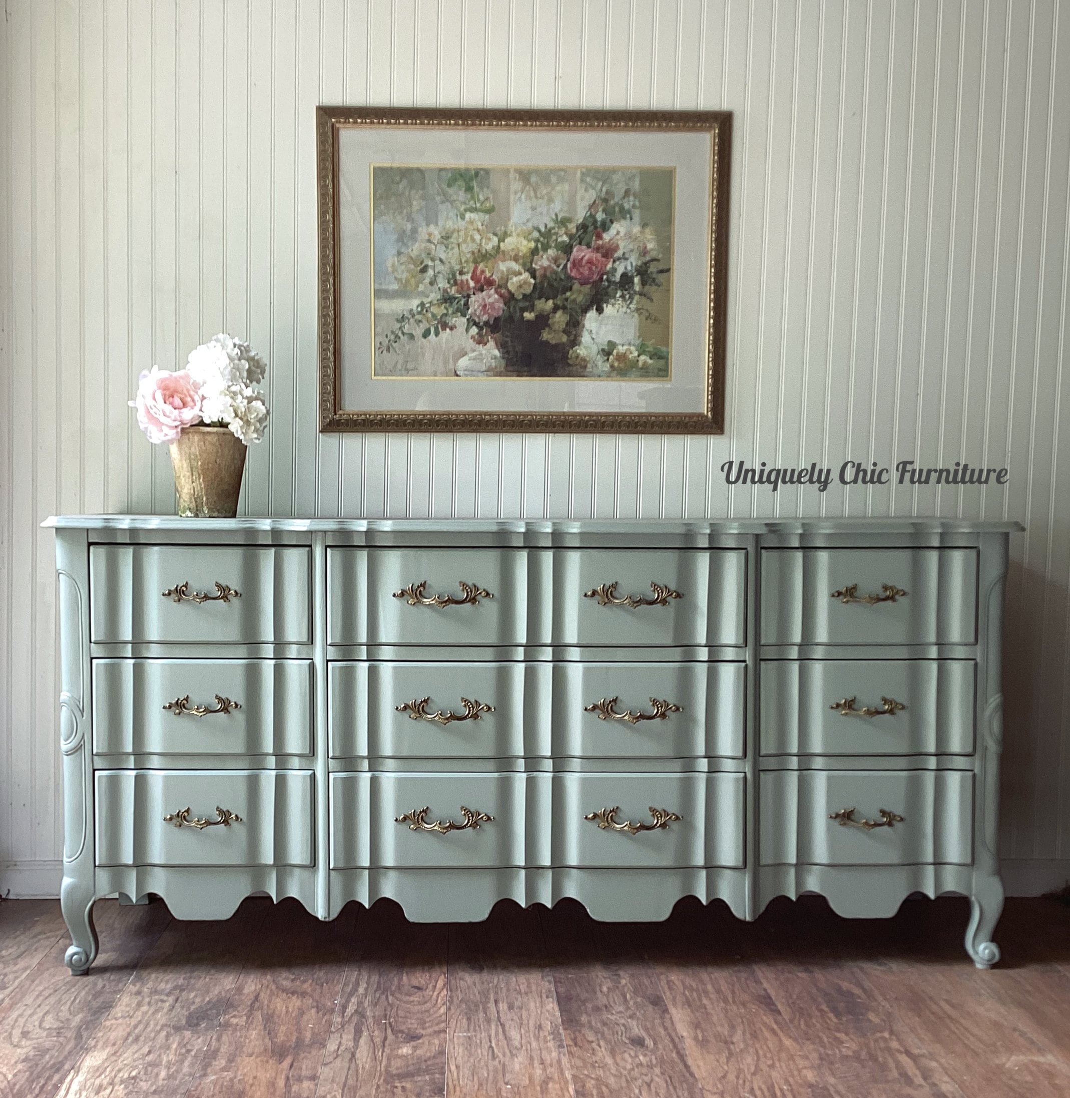 grey french provincial dresser Gorgeous French Provincial 9 Drawer Dresser Painted With Hazelwood; Fu –  Old to New Furniture main image 0