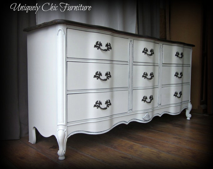 French Provincial Triple Dresserantique White With Stained Etsy