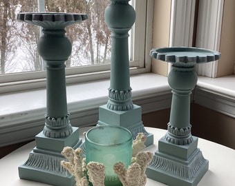 Coastal Candle Holders, Duck Egg Blue, Set, Three, Mantle, Ornate, Tall, Aqua, Blue, Green