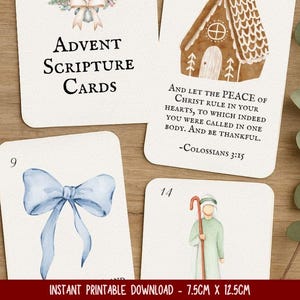 May include: Advent Scripture Cards with watercolour illustrations. One card features a gingerbread house, another a blue bow, and a third a shepherd. The cards measure 7.5cm x 12.5cm.