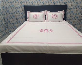 Personalized Monogram 400 Thread count White 100% cotton Sateen Triple Embroidery Duvet Cover set