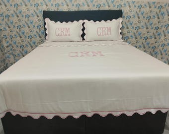 Personalized Monogram Duvet Cover Set: 400 Thread Count Sateen, Scalloped and Border Embroidery