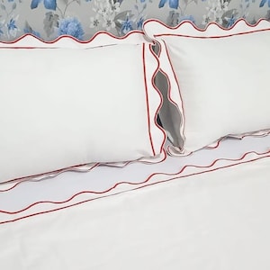 400 Thread count White 100% cotton Sateen Scalloped and Border Embroidery Duvet Cover set