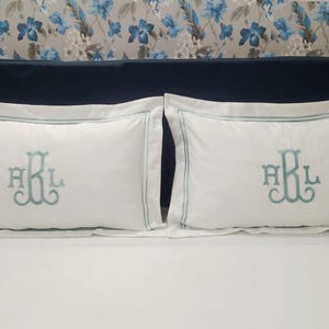 May include: Two white pillowcases with a light blue embroidered monogram and trim. The pillows are rectangular and rest on a white sheet. The background features a floral patterned wallpaper and a dark blue headboard.