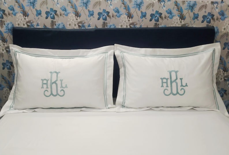 Personalized Monogram Double Embroidery Pillow Sham Set, 400 Thread Count Cotton Sateen