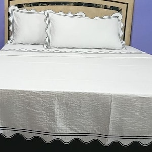 Quilted Coverlet and Pillow sham Scalloped and Double Border Embroidery 400 Thread count White 100% cotton Sateen