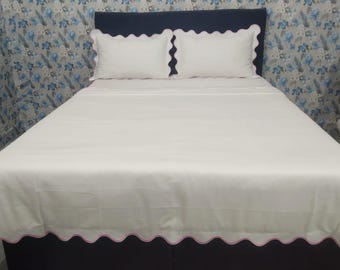 400 Thread count White 100% cotton Sateen Scalloped Embroidery Duvet Cover set