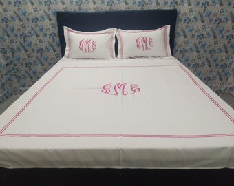 Personalized Monogram 400 Thread count White 100% cotton Sateen Double Embroidery Duvet Cover set
