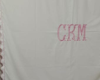 Monogrammed White Cotton Sateen Shower Curtain with Scalloped Border Embroidery