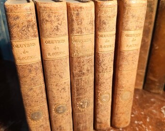 Franse klassiekers – Jean Racine uvres, 5 vol. Didot Stereotype Edition (1803), antieke halfleren banden