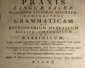 Gramática y diccionario hebreo de 1757 – Lingüística jesuita – Encuadernación original en cartonaje – Bonaventure Giraudeau – Judaica rara