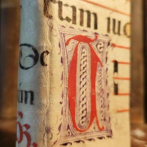 May include: Close-up of an antique book spine with faded text and a large red initial. The book's cover is off-white with red and purple decorative elements. The spine shows signs of age and wear, suggesting it is a vintage item.