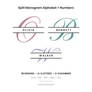 Könnte beinhalten: Eine digitale Sammlung von geteilten Monogramm-Alphabet- und Zahlendesigns mit eleganten Schreibschriftbuchstaben in Rosa, Türkis und Lila. Der Text lautet Split Monogram Alphabet + Numbers, 36 DESIGNS, A-Z LETTERS, 0-9 NUMBERS, SVG, DXF, EPS, PNG, JPG, Instant Download.