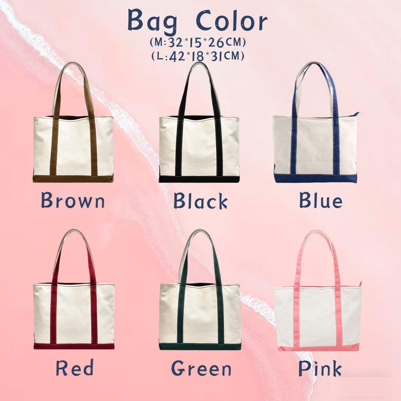 K&ouml;nnte beinhalten: Eine Auswahl an Canvas-Tragetaschen in Braun, Schwarz, Blau, Rot, Gr&uuml;n und Pink. Jede Tasche hat passende Griffe und Bes&auml;tze. Der Text zeigt die Gr&ouml;&szlig;en an: Medium (32cm x 15cm x 26cm) und Large (42cm x 18cm x 31cm).