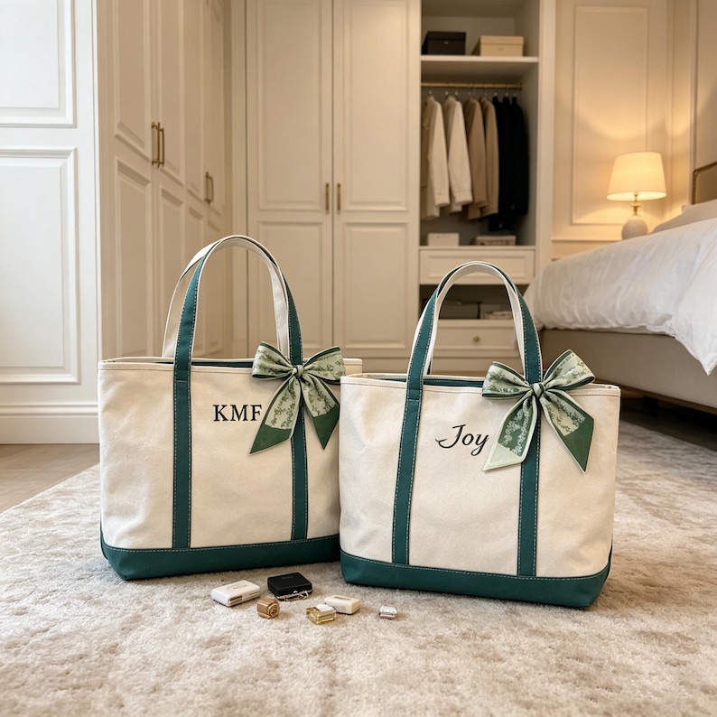 K&ouml;nnte beinhalten: Zwei Canvas-Tragetaschen mit wei&szlig;em Stoff und gr&uuml;nen Akzenten. Eine Tasche hat die Initialen "KMF" und die andere sagt "Joy" in schwarzer Schrift. Jede Tasche hat eine gr&uuml;n-wei&szlig; gemusterte Schleife.
