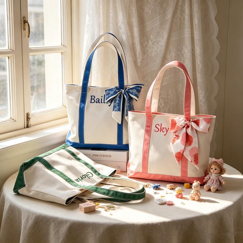 K&ouml;nnte beinhalten: Drei personalisierte Canvas-Tragetaschen mit unterschiedlich farbigen Verzierungen und Griffen. Eine Tasche hat blaue Verzierungen und den Namen "Bail" aufgestickt. Eine andere hat rosa Verzierungen und den Namen "Sky". Die dritte Tasche hat gr&uuml;ne Verzierungen und den Namen "Gloria".