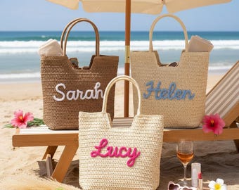Bolso de playa de paja personalizado: bolso de playa con nombre personalizado, bolso para damas de honor, bolso de piscina para viajes de chicas, bolso de viaje de verano con monograma,