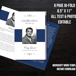 May include: A bi-fold memorial program template with a portrait of Cary Grant. The design features a navy blue and white color scheme, with text that reads "Celebrating the Life of" and "8 Page Bi-Fold 8.5" x 11" All Text & Photos Editable".