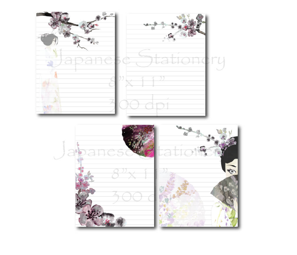 Japanese Sakura Girl Stationery Paper Printable Stationary Etsy