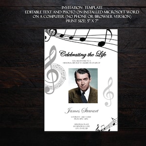 Faire-part des funérailles de notes de musique | Invitation commémorative | Cartes d'invitation de deuil | Modèle modifiable