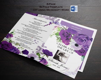 Funeral Program Template | 8 Page Bi-Fold Funeral Program | Memorial Program Template | Violet Purple Roses