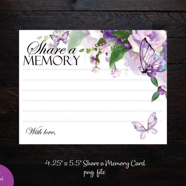Share a Memory | INSTANT DOWNLOAD | Printable | Purple Peony with Butterflies | Funeral | Wedding | Memorial | Celebration