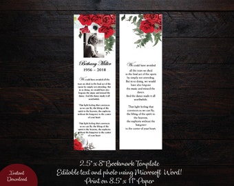 DIY Red Roses Funeral Bookmark Template, Memorial Bookmark, Memorial Keepsake,Printable Bookmark Template,Microsoft Word