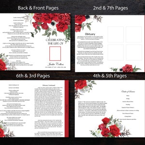 Funeral Program Template 8 pages 8.5 x 11 Graduated Fold Funeral Program Memorial Program Template Red Roses image 3