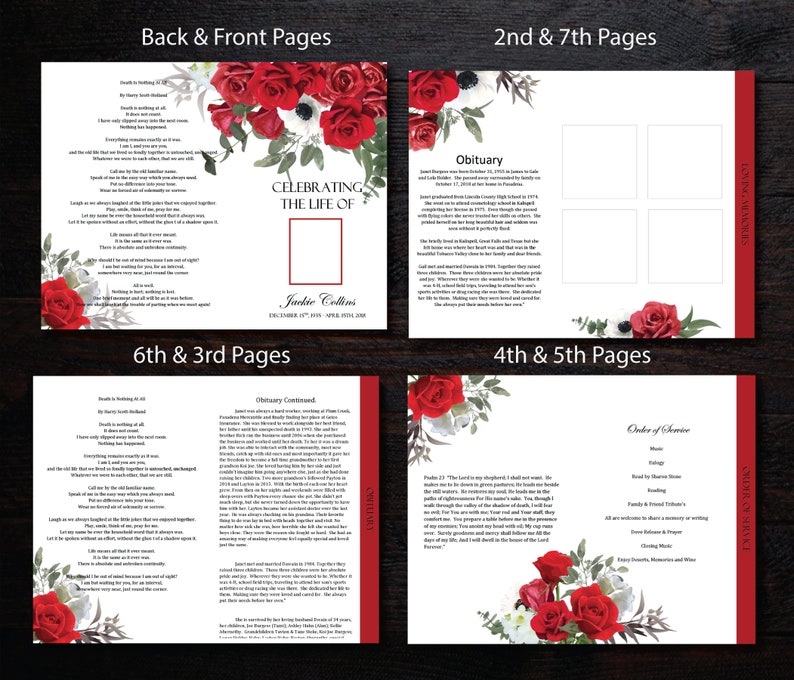 Funeral Program Template 8 pages 8.5 x 11 Graduated Fold Funeral Program Memorial Program Template Red Roses image 3