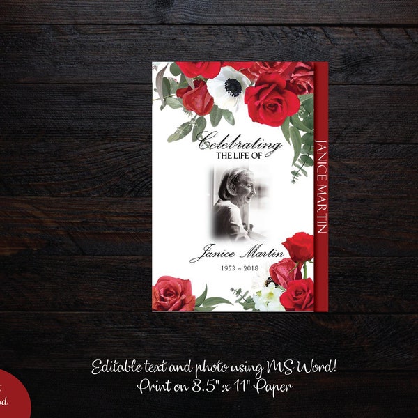Red Funeral Program Template Word Etsy