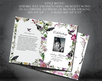 Funeral Program Template | 8 Page Bi-Fold Funeral Program | Memorial Program Template | Pink Peony Blossom Orchid Butterfly Hummingbird