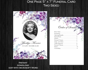 DIY Printable One Page 5" x 7" Purple Orchids Dragonfly|  Memorial Program |Funeral Program Template | Editable MS Word