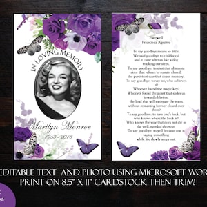 DIY imprimable carte de prière pour les funérailles 3 x 5 | Carte de prière commémorative| Texte modifiable MS Word | Carte de prière papillon roses pourpres