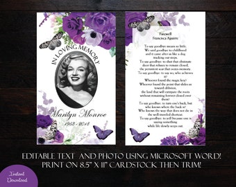 DIY Printable Funeral Prayer Card 3 x 5 |  Memorial Prayer Card| Editable Text MS Word | Purple Roses Butterfly Prayer Card