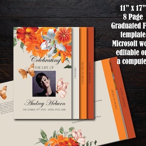 May include: An 8-page funeral program template in Microsoft Word, featuring a floral design with butterflies and the text "Celebrating the Life of Audrey Heburn". The template is 11 inches by 17 inches and is editable on a computer.