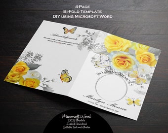 DIY Printable Memorial Program | Printable Funeral Program Template | Memorial Program | MS Word | Yellow Gray Roses & Butterflies