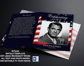 US Flag Funeral Program Template: 8-Page Bi-Fold (Digital Download) Word