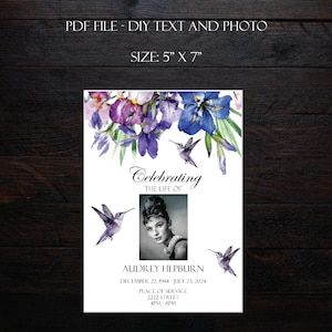 PDF Faire-part pour les funérailles sur fond aquarelle colibri violet | Célébration de la vie | Invitation commémorative |  Cartes d'invitation