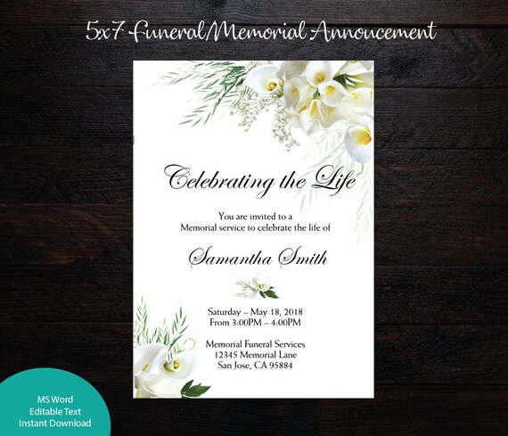 Calla Lily Floral Funeral Announcement Celebration Of Life Etsy