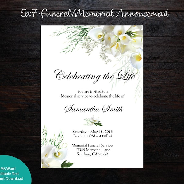 Calla Lily Floral Funeral Announcement | Celebration of life | Memorial Invitation | Mourning Invitation Cards |  Editable Template