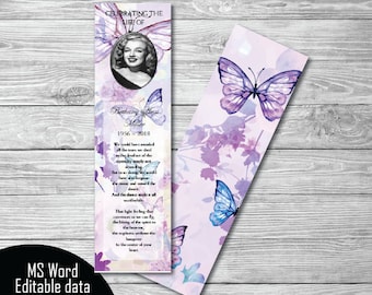 Purple Floral Butterflies Funeral Bookmark Template, Memorial Bookmark, Memorial Keepsake,Printable Bookmark Template,Microsoft Word